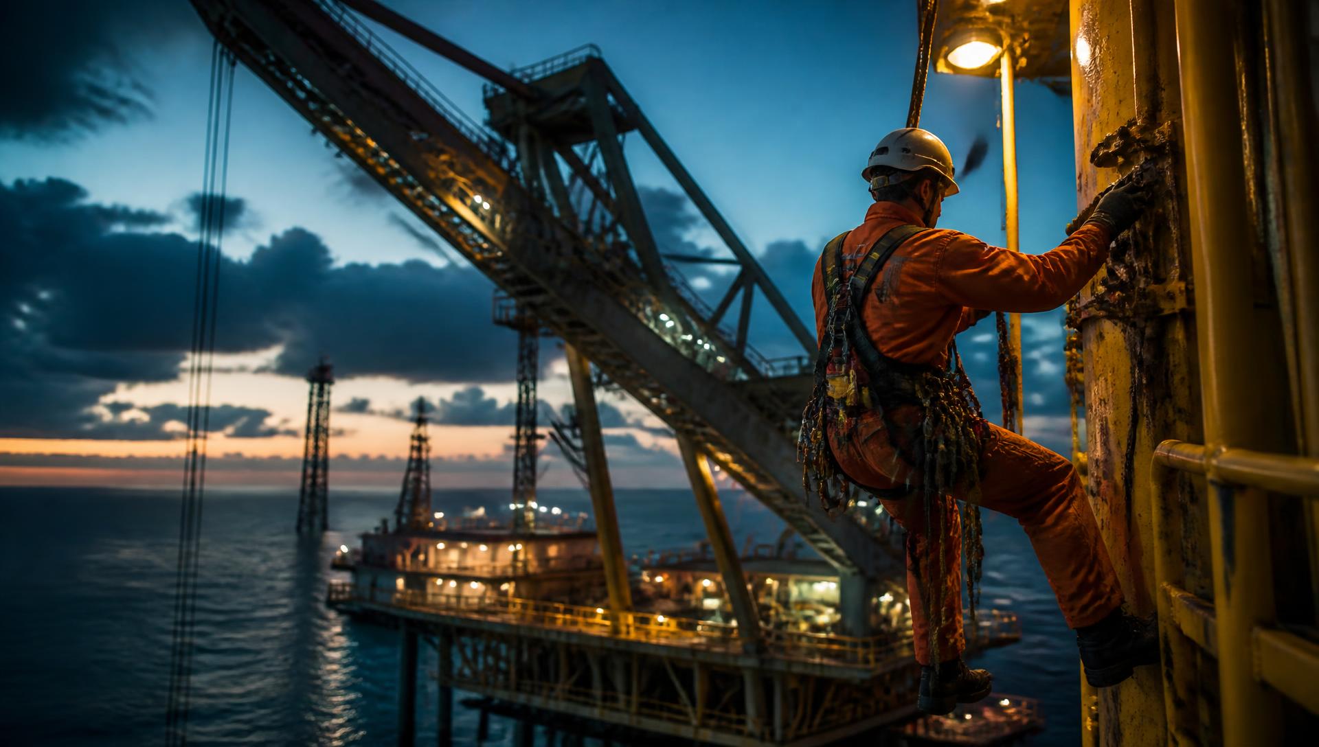 Rope access inspection technician working on an offshore platform crane at dusk