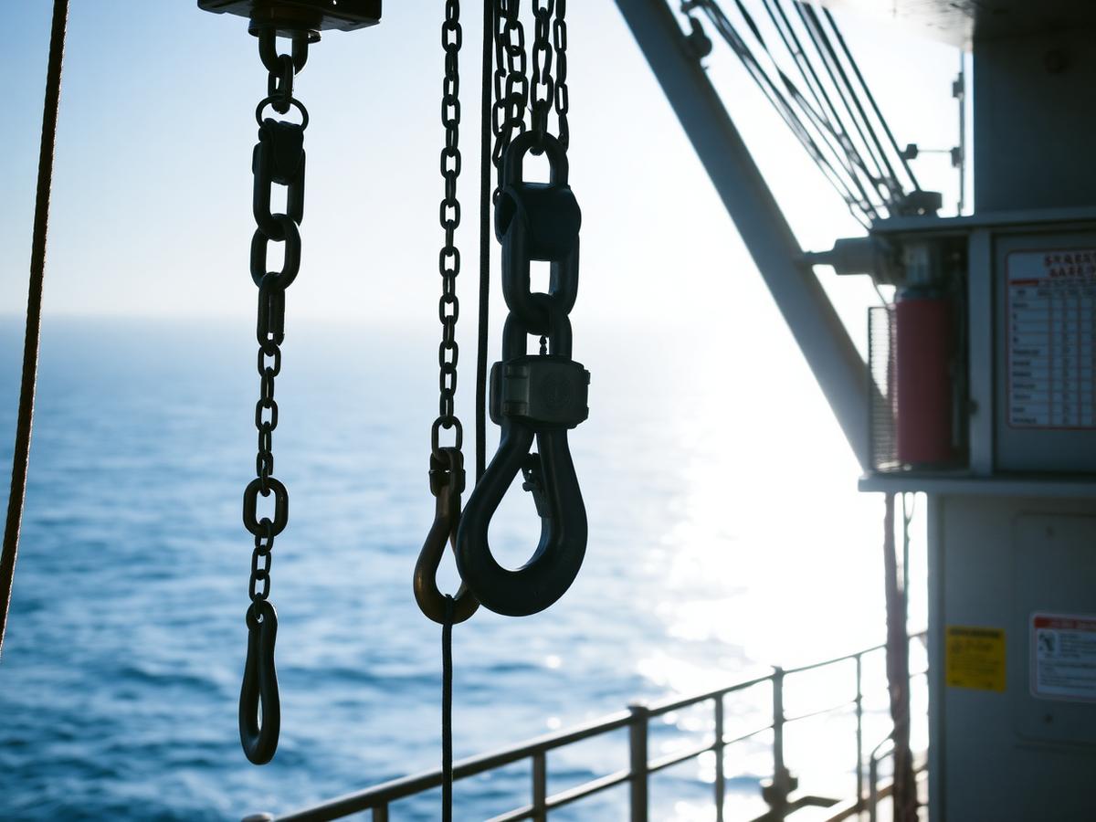 Crane hook block and lifting chains on an offshore deck